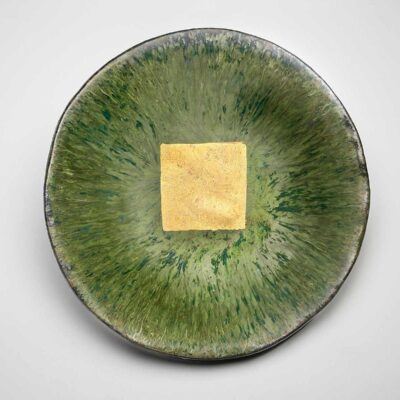 Oriental Green Ceramic Platter with 24 Karat Gold Square