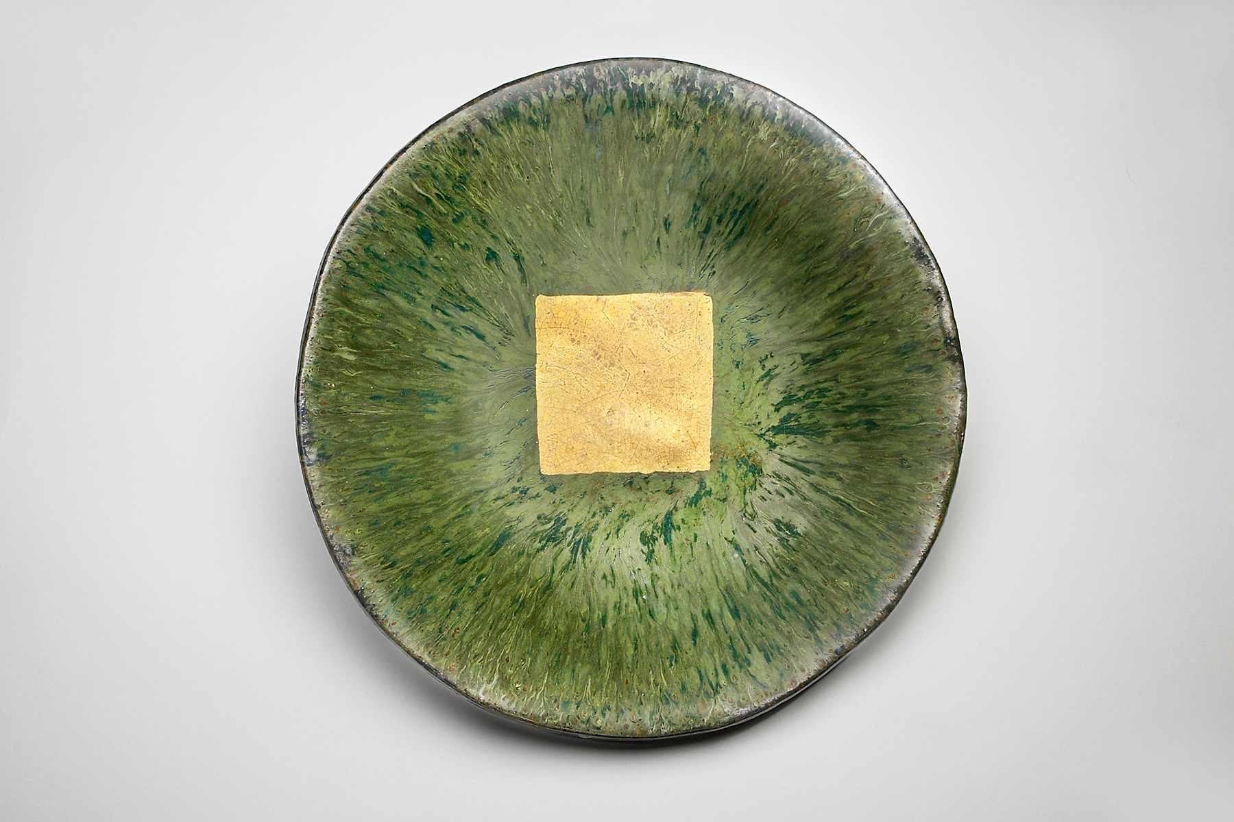 Oriental Green Ceramic Platter with 24 Karat Gold Square