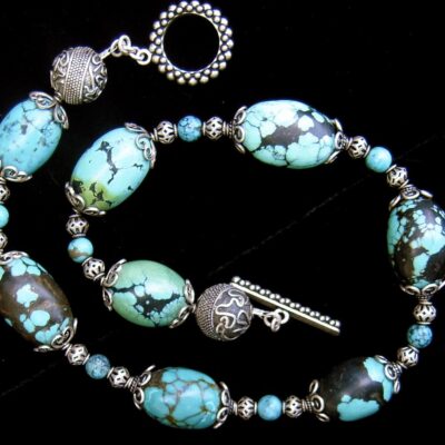 Turquoise nuggets with silver beads necklace